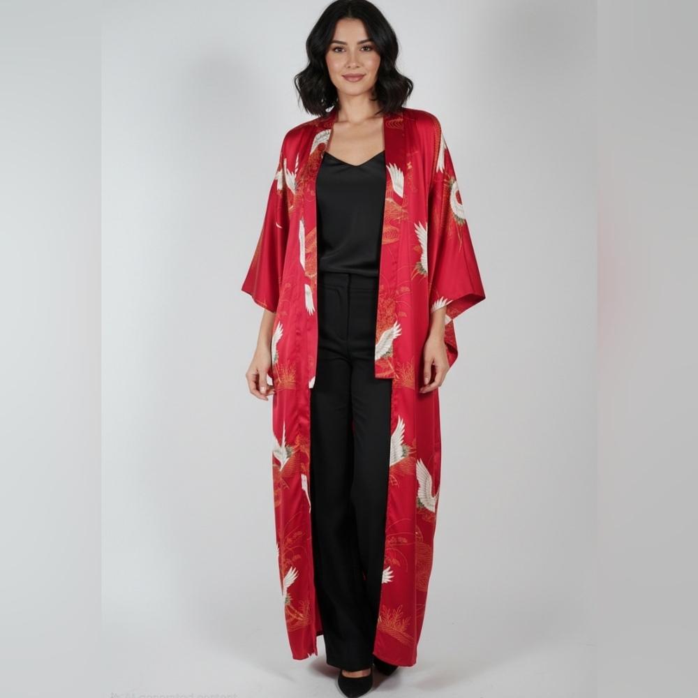 Vintage Japanese Kimono Robe Red Satin Crane Bird Boudoir OS